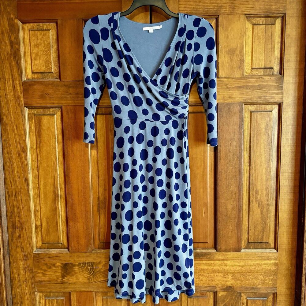 Boden Dress Women's Size 4 Long US, 8L UK Blue Polka Dot V Neck 3/4 Sleeves Work